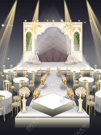 香槟色欧式花纹天鹅婚礼效果图设计