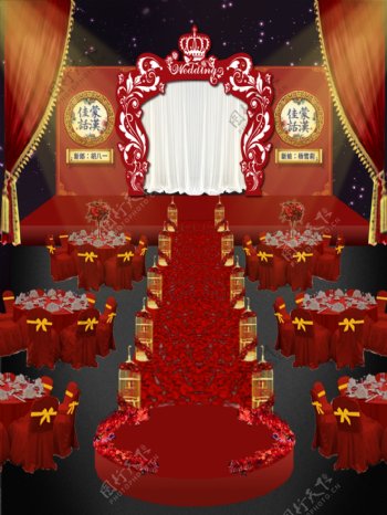 红色中式风格花纹婚礼效果图