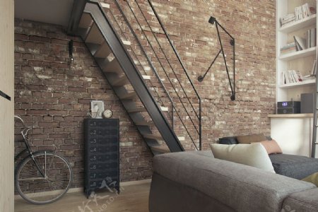 现代时尚客厅木制楼梯室内装修效果图