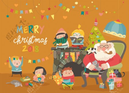 矢量卡通圣诞老人与儿童和礼物