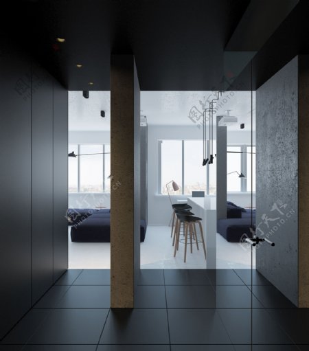 现代极简客厅纯色瓷砖地板室内装修效果图