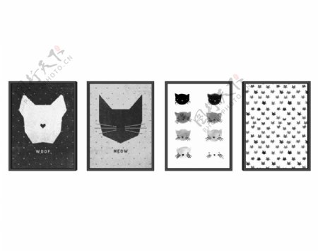 黑白动物组合四联装饰画