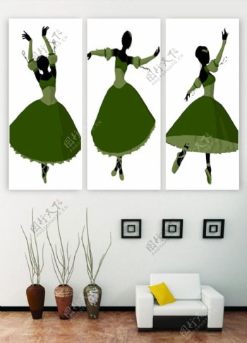 三联画绿色芭蕾舞女孩家装工装装饰画
