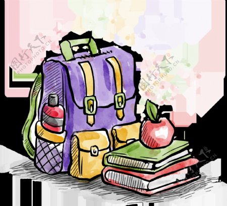 卡通彩绘紫色书包苹果课本png元素