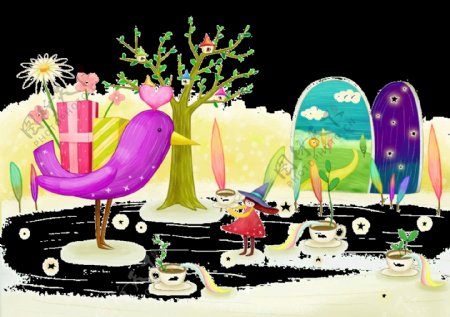 彩绘童话鸟园装饰图案