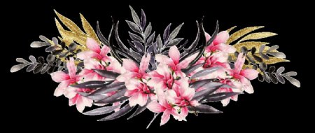 手绘灰色叶子搭配粉色花朵PNG透明素材