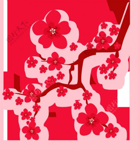 手绘大红色桃花树树枝透明装饰素材