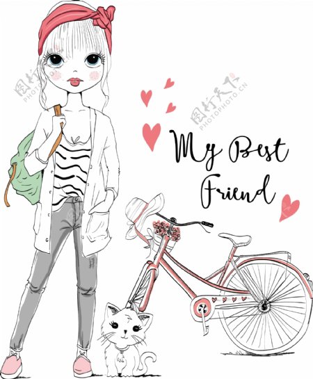 手绘少女和自行车插画