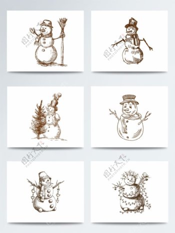 卡通铅笔画素描冬季雪人PNG元素