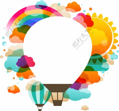 炫彩卡通彩虹云朵太阳热气球png元素