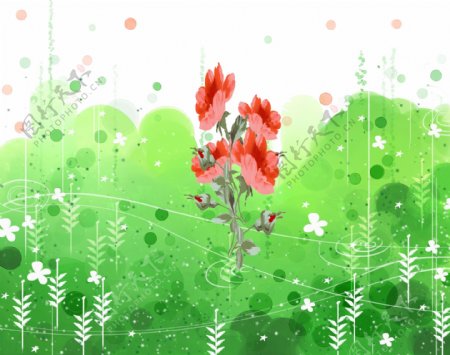 红色花朵绿色背景