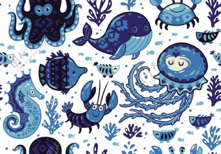 卡通蓝色海洋动物插画