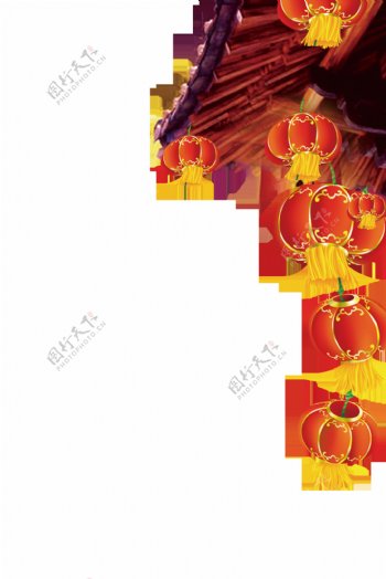 中式喜庆屋檐红色灯笼节日元素