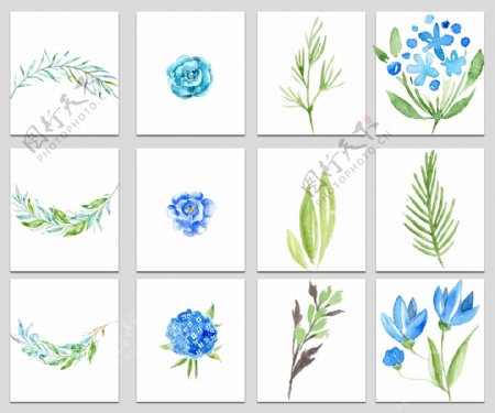 免抠蓝色花卉与树叶矢量素材