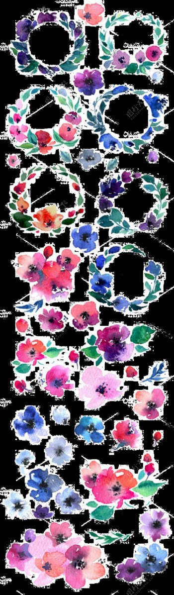 清新重色水彩花朵手绘花环装饰元素