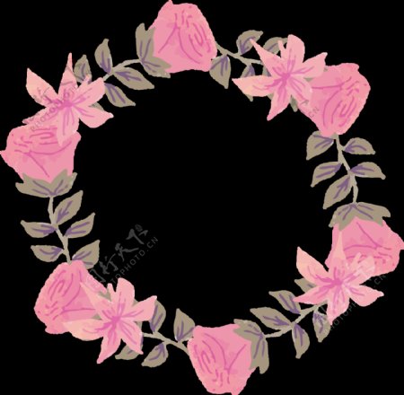 清新深粉色水彩手绘花环装饰元素