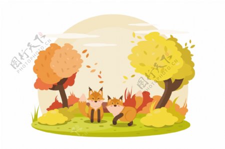 矢量手绘狐狸森林插画