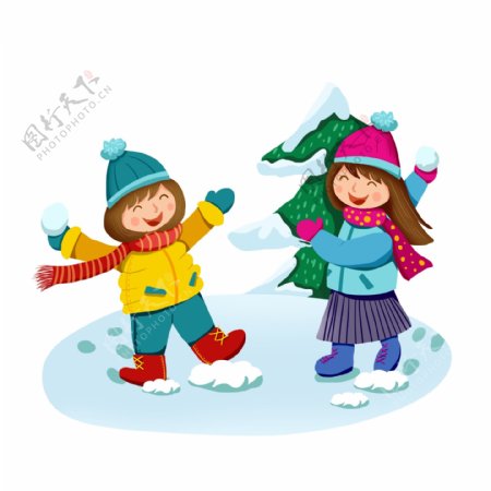 卡通可爱女孩冬季雪天打雪仗玩耍元素