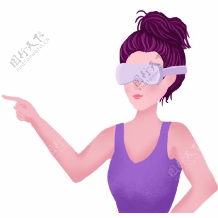手绘卡通戴着VR眼镜讲解的健身美女元素