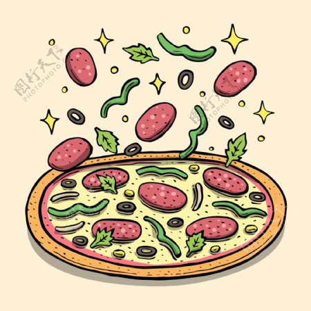 手绘美味的香肠披萨插画