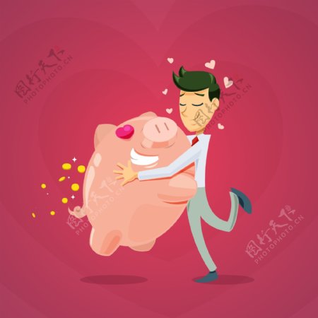 可爱抱金猪的人物插画