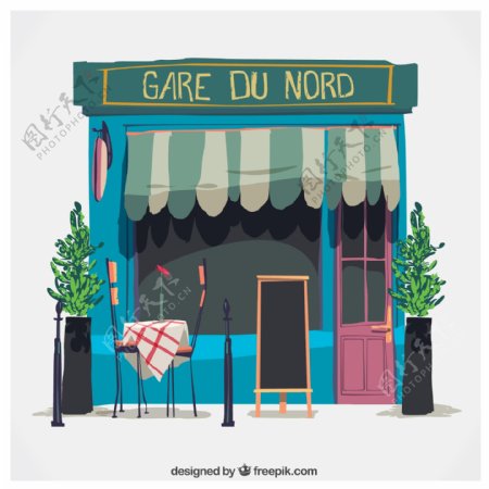 彩绘巴黎街边餐馆矢量素材