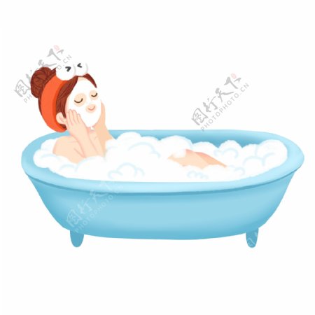 手绘卡通女孩躺在浴盆里原创元素