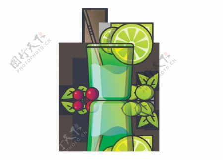 卡通扁平绿色饮料柠檬樱桃png元素