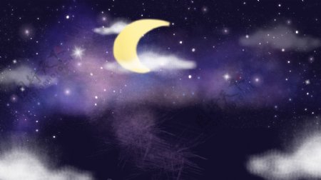 紫色梦幻小清新星空月亮插画背景