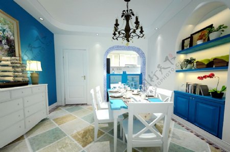 地中海浪漫蓝风格餐厅效果图