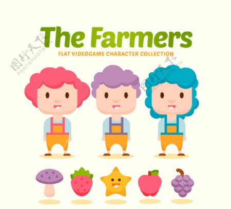 3款卡通农场游戏人物和4款水果
