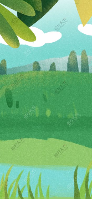 草地上的绿色树木卡通背景