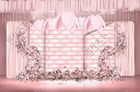 ins粉色砖墙层次造型曲线铁艺婚礼效果图