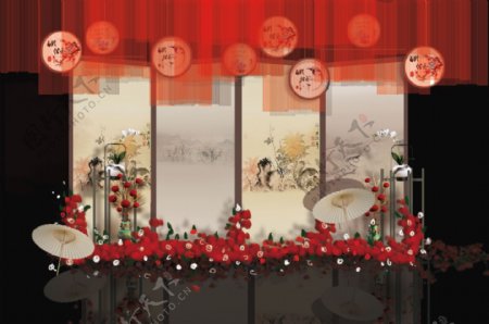 中国红中式风格婚礼迎宾区效果图
