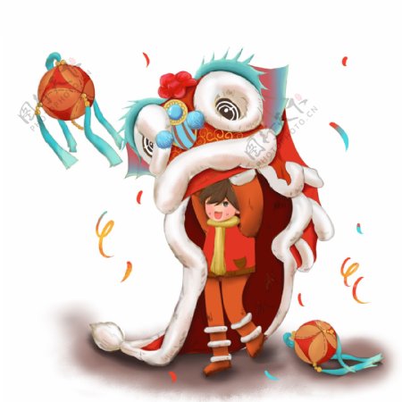 新年喜庆舞龙舞狮绣球人物手绘素材