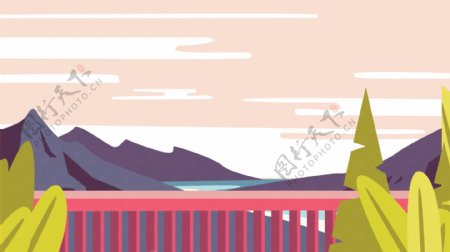 山河桥栏杆绿色植物卡通背景