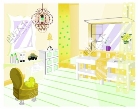 卡通少女黄绿色房间装饰插画