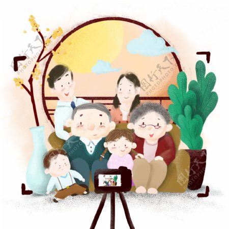 中秋春节合家团圆幸福家庭手绘可商用元素