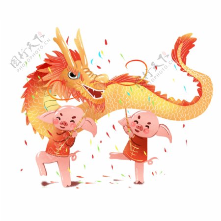 2019春节猪年插画舞龙元素商用喜庆新年春节生肖猪