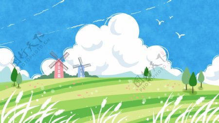 绿色草地上的风车蓝天白云卡通背景