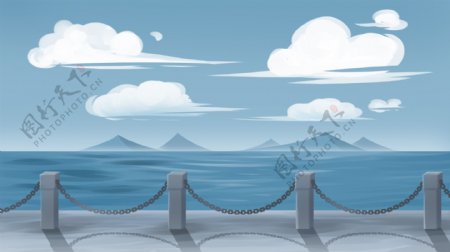 桥栏杆远山海洋白云卡通背景
