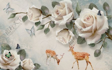 白色玫瑰麋鹿沙发背景墙
