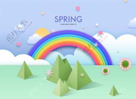 韩式春天气息卡通立体彩虹花朵建筑海报模板
