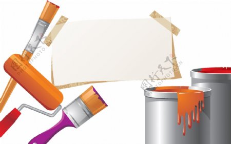 矢量彩色油漆桶与墙刷