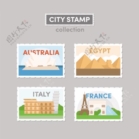 4款清新外国旅游建筑邮票元素