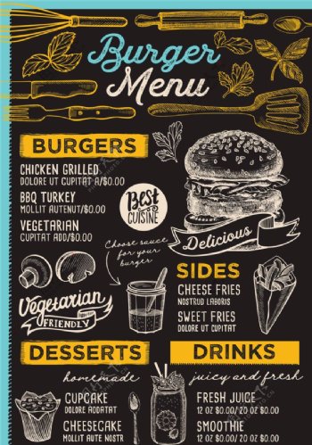 复古手绘汉堡快餐菜单模板