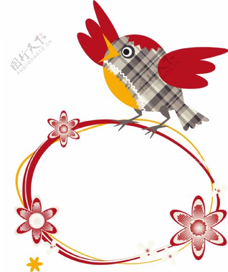 卡通红色花朵小鸟圆形边框矢量元素