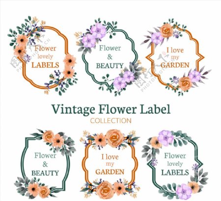 6款复古花卉装饰标签矢量素材