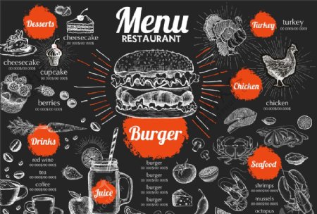 欧式复古手绘汉堡快餐菜单模板