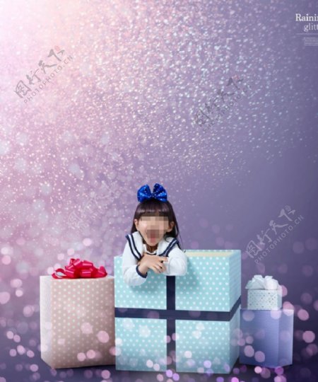 蓝紫色粒子光效女童礼盒背景素材